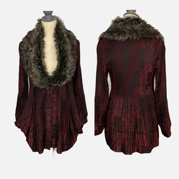 Elena Wang Women’s Tango Mt Carmel Blazer Small Faux Fur Collar Red Black NEW - Picture 1 of 11